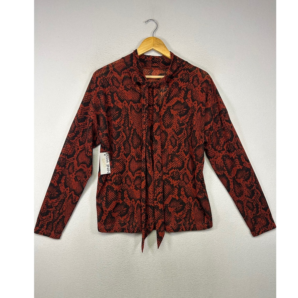 Mob Wife Nine West Womens Large Red Snakeskin Tie Neck Long Sleeve Blouse NEW